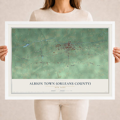 Albion Town (Orleans County), New York map print, 18" x 24" W/ White Ayous Wood Frame mockup