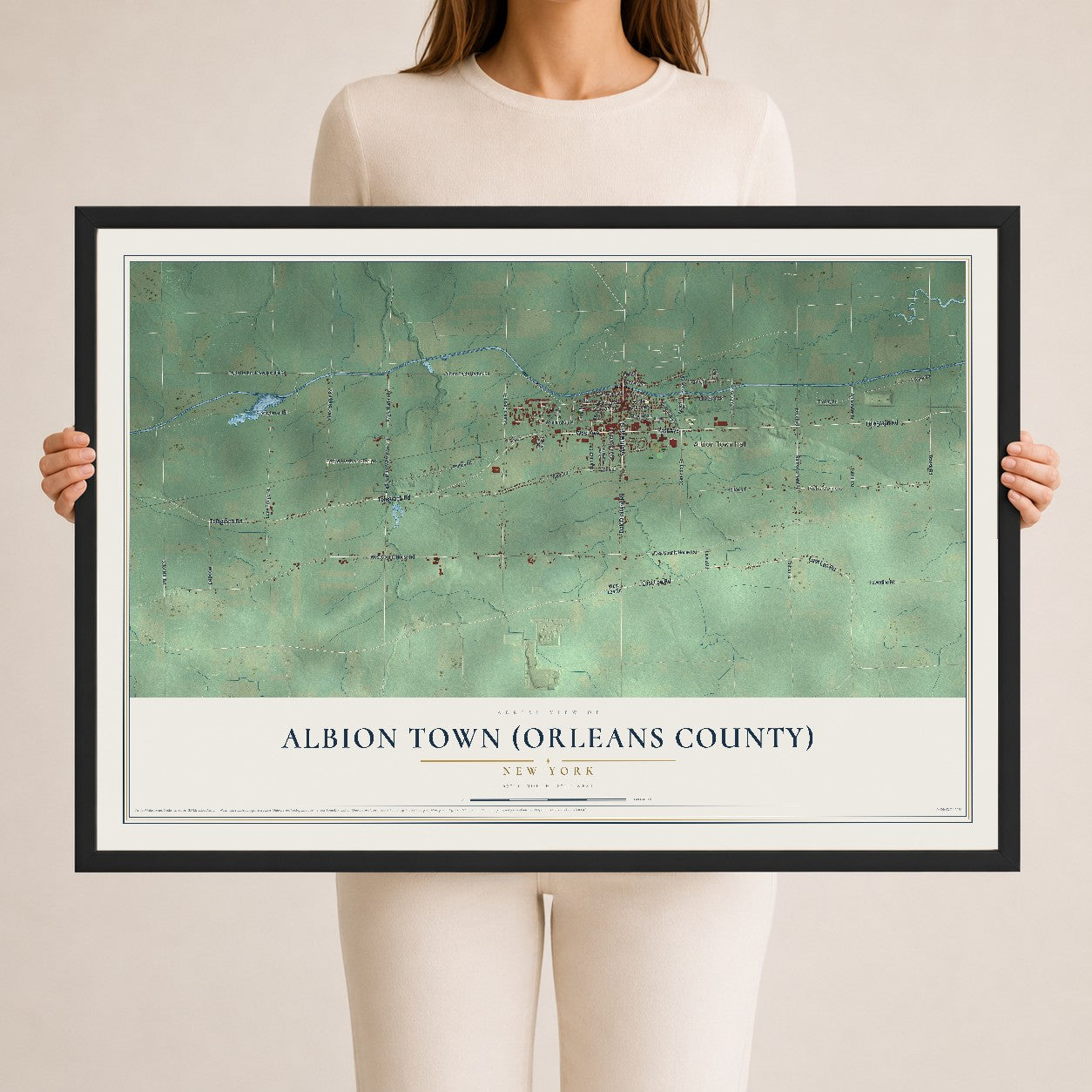 Albion Town (Orleans County), New York map print, 24" x 36" W/ Black Ayous Wood Frame mockup