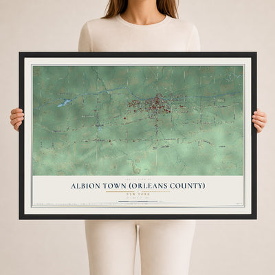 Albion Town (Orleans County), New York map print, 24" x 36" W/ Black Ayous Wood Frame mockup