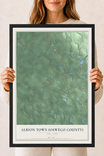 Albion Town (Oswego County), New York map print, 18" x 24" W/ Black Ayous Wood Frame mockup