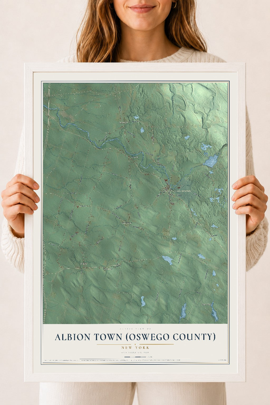 Albion Town (Oswego County), New York map print, 18" x 24" W/ White Ayous Wood Frame mockup