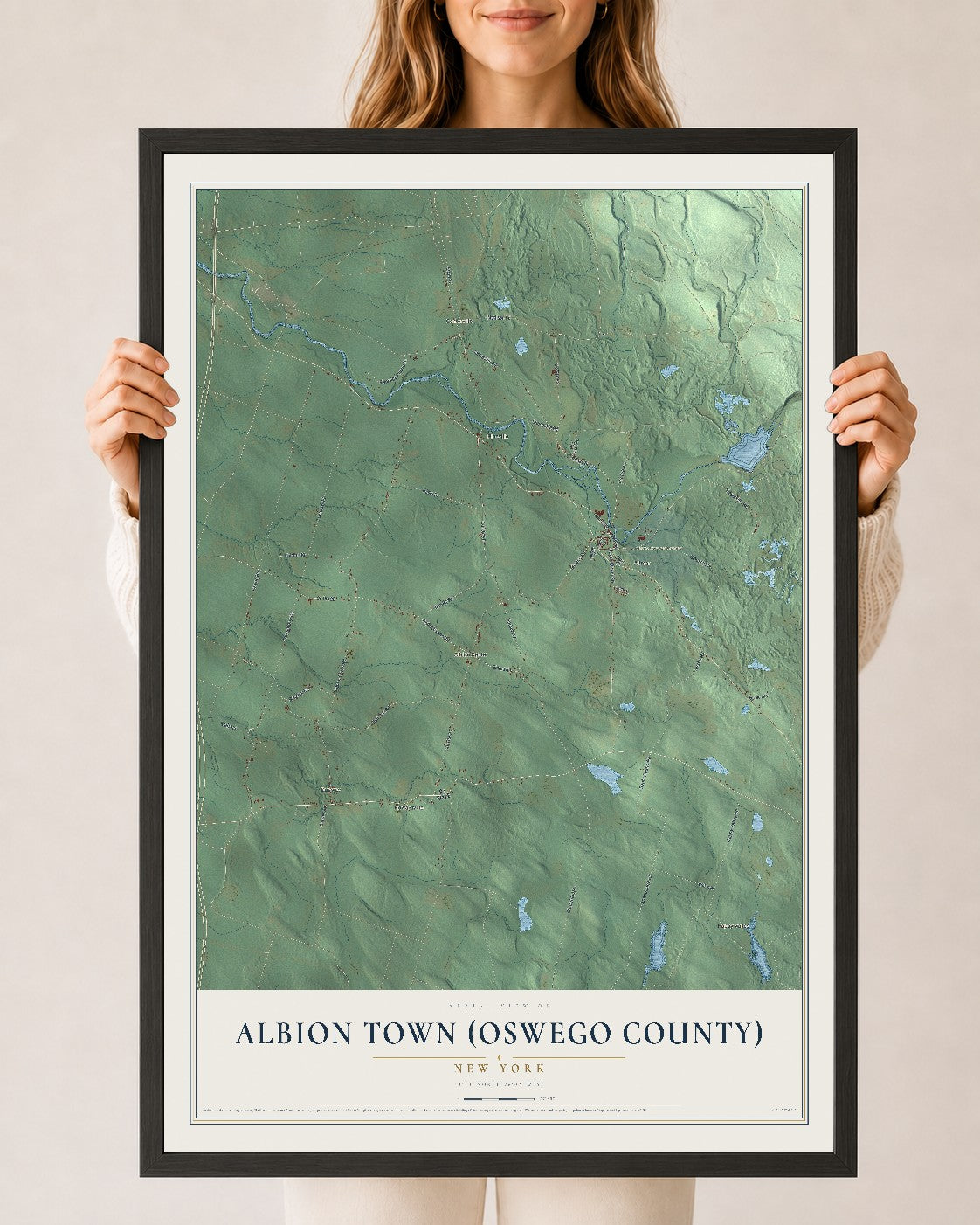 Albion Town (Oswego County), New York map print, 24" x 36" W/ Black Ayous Wood Frame mockup