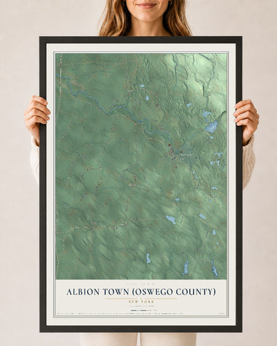 Albion Town (Oswego County), New York map print, 24" x 36" W/ Black Ayous Wood Frame mockup