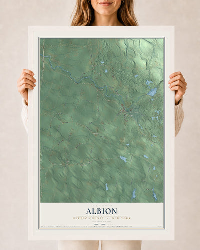 Map of Albion, Oswego County, New York, 24 x 36 inch print in a white wood frame