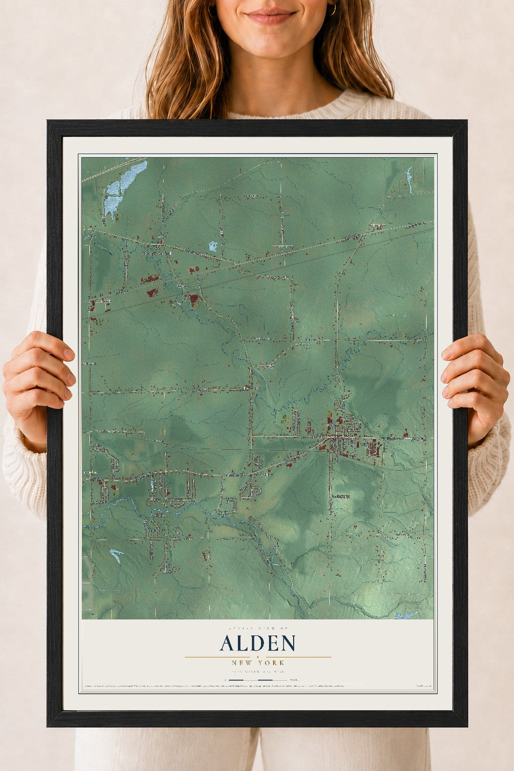 Alden, New York map print, 18" x 24" W/ Black Ayous Wood Frame mockup