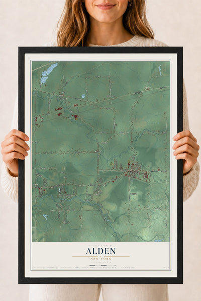 Alden, New York map print, 18" x 24" W/ Black Ayous Wood Frame mockup