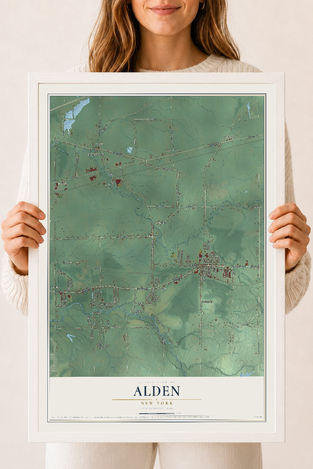 Alden, New York map print, 18" x 24" W/ White Ayous Wood Frame mockup