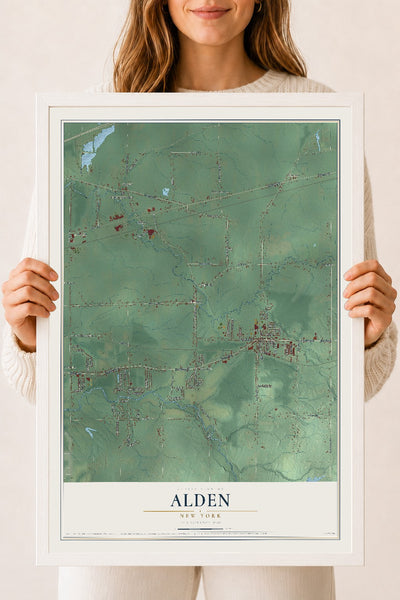 Alden, New York map print, 18" x 24" W/ White Ayous Wood Frame mockup