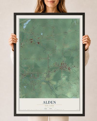 Alden, New York map print, 24" x 36" W/ Black Ayous Wood Frame mockup