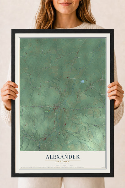 Alexander, New York map print, 18" x 24" W/ Black Ayous Wood Frame mockup