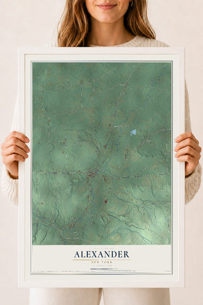 Alexander, New York map print, 18" x 24" W/ White Ayous Wood Frame mockup