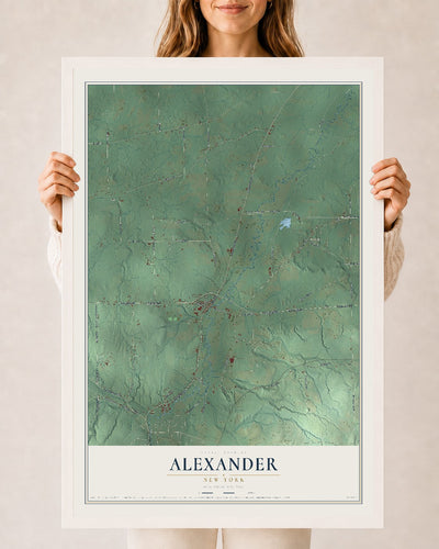 Alexander, New York map print, 24" x 36" W/ White Ayous Wood Frame mockup