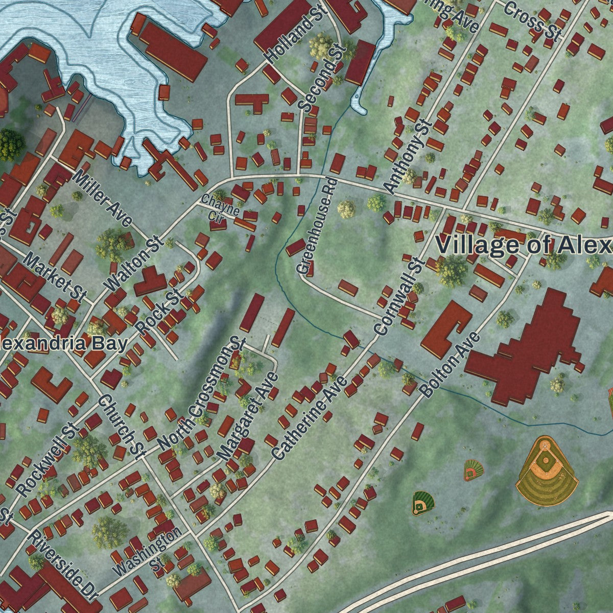 Close-up 1 of the Alexandria Bay, New York map artwork