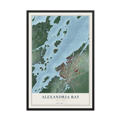 Alexandria Bay, New York map print, 12" x 18" W/ Black Ayous Wood Frame mockup