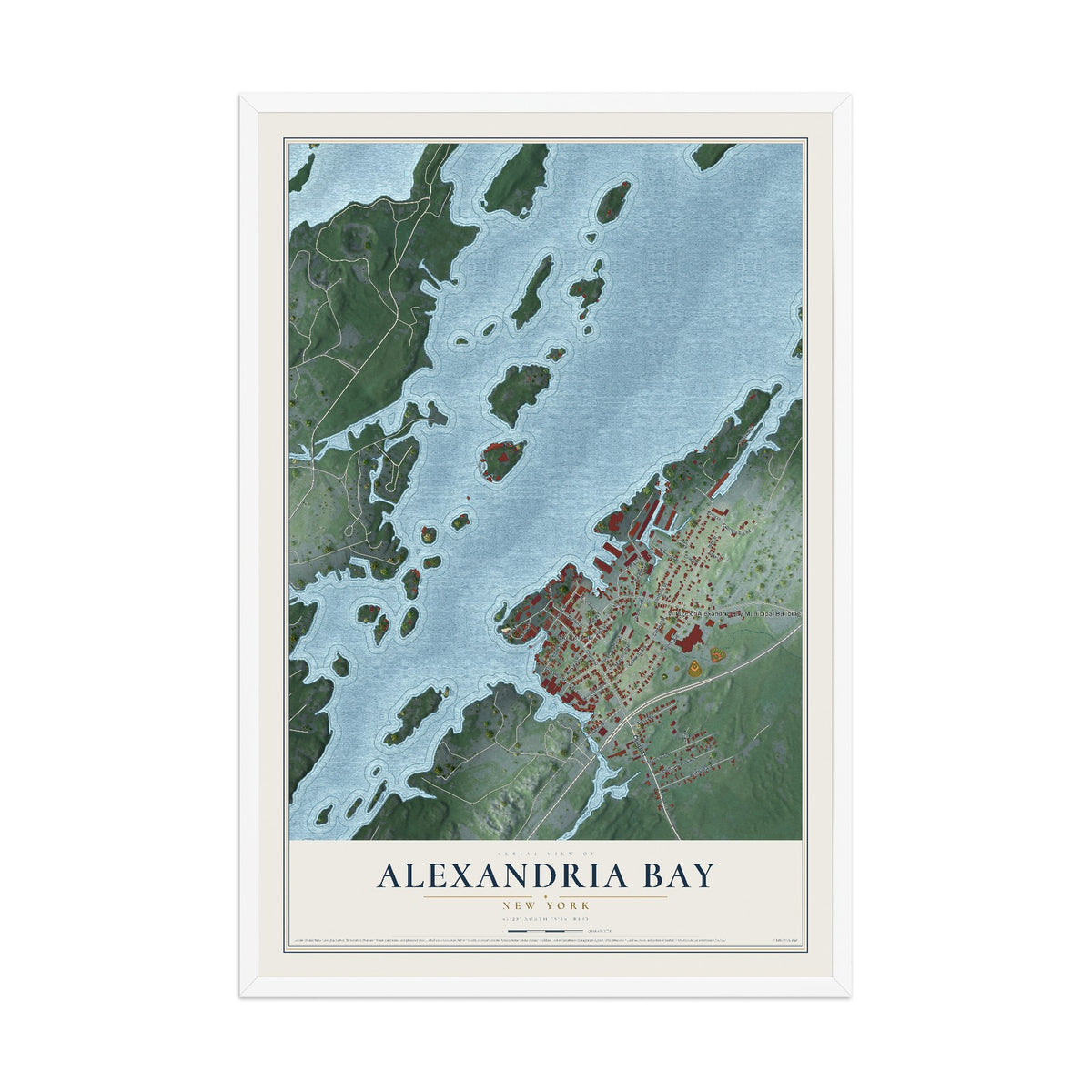 Alexandria Bay, New York map print, 12" x 18" W/ White Ayous Wood Frame mockup
