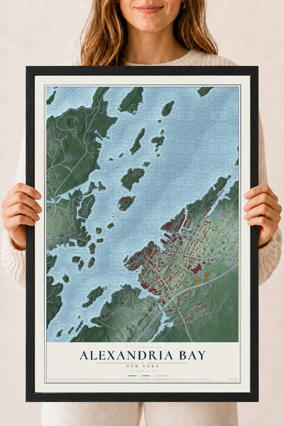 Alexandria Bay, New York map print, 18" x 24" W/ Black Ayous Wood Frame mockup