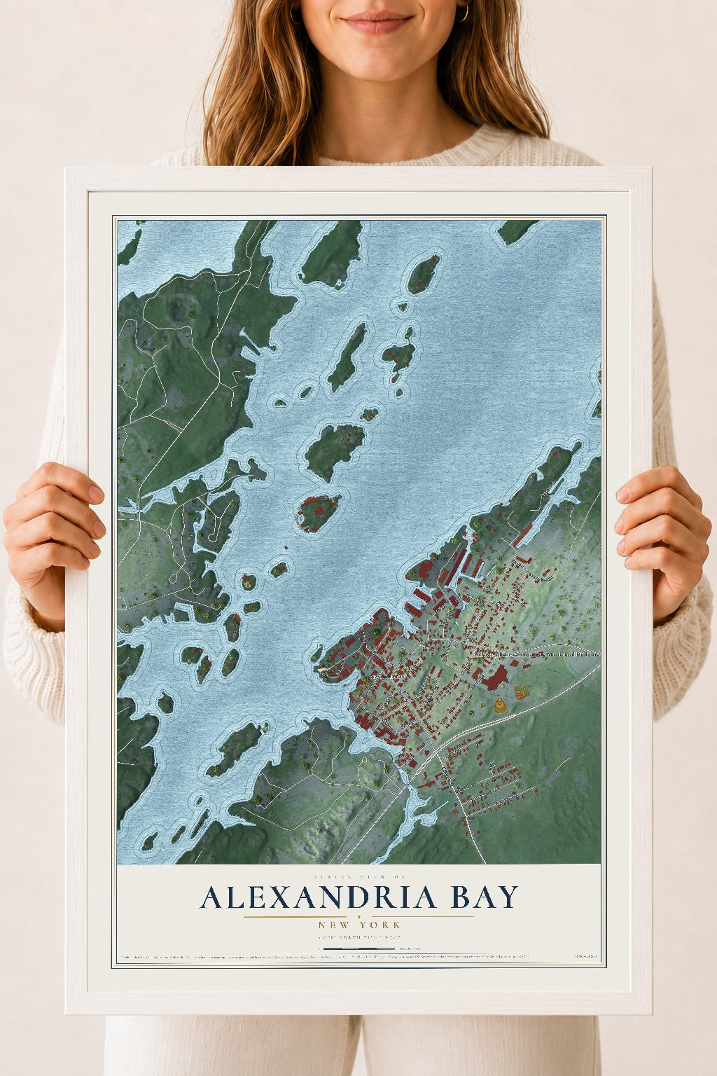 Alexandria Bay, New York map print, 18" x 24" W/ White Ayous Wood Frame mockup