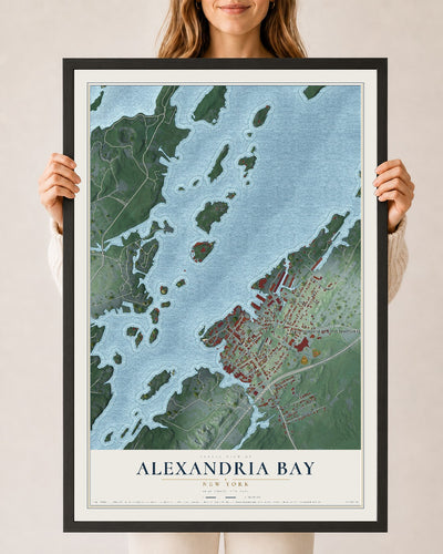 Alexandria Bay, New York map print, 24" x 36" W/ Black Ayous Wood Frame mockup