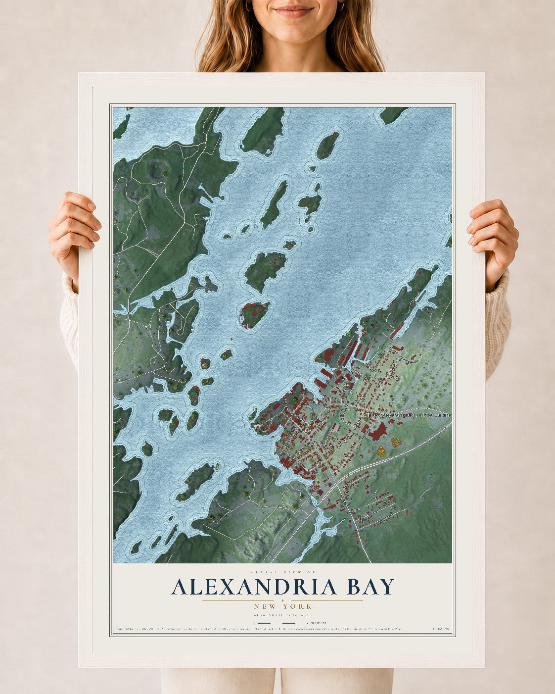 Alexandria Bay, New York map print, 24" x 36" W/ White Ayous Wood Frame mockup