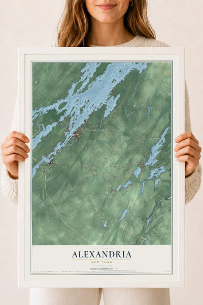 Alexandria, New York map print, 18" x 24" W/ White Ayous Wood Frame mockup