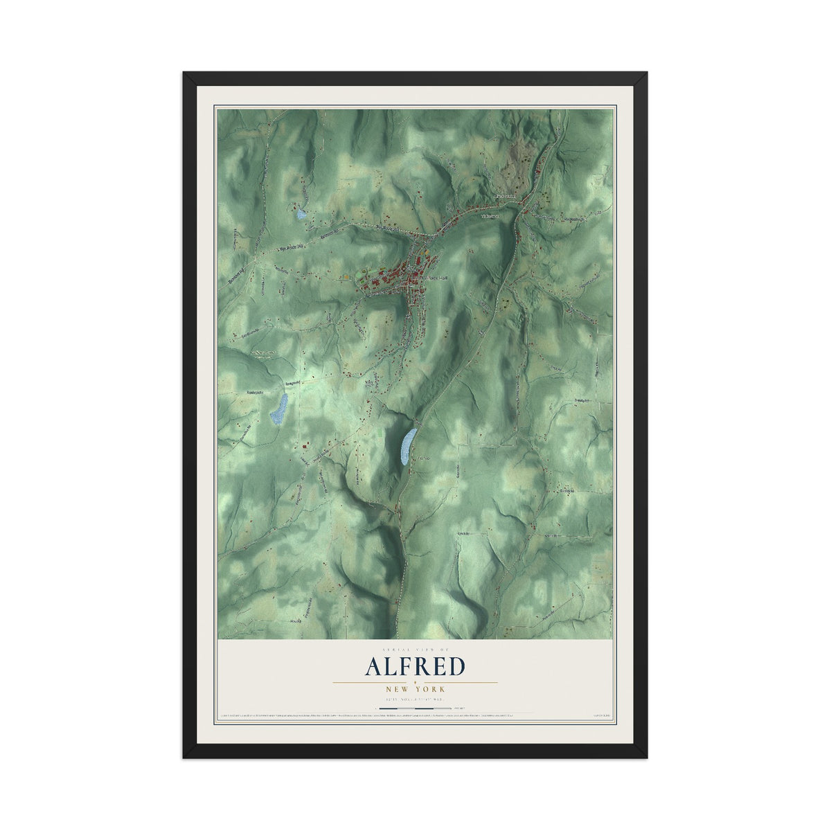 Alfred, New York map print, 12" x 18" W/ Black Ayous Wood Frame mockup