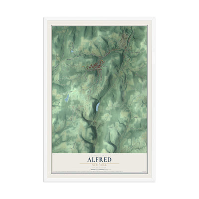 Alfred, New York map print, 12" x 18" W/ White Ayous Wood Frame mockup