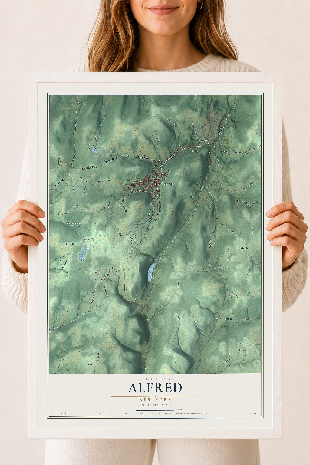 Alfred, New York map print, 18" x 24" W/ White Ayous Wood Frame mockup