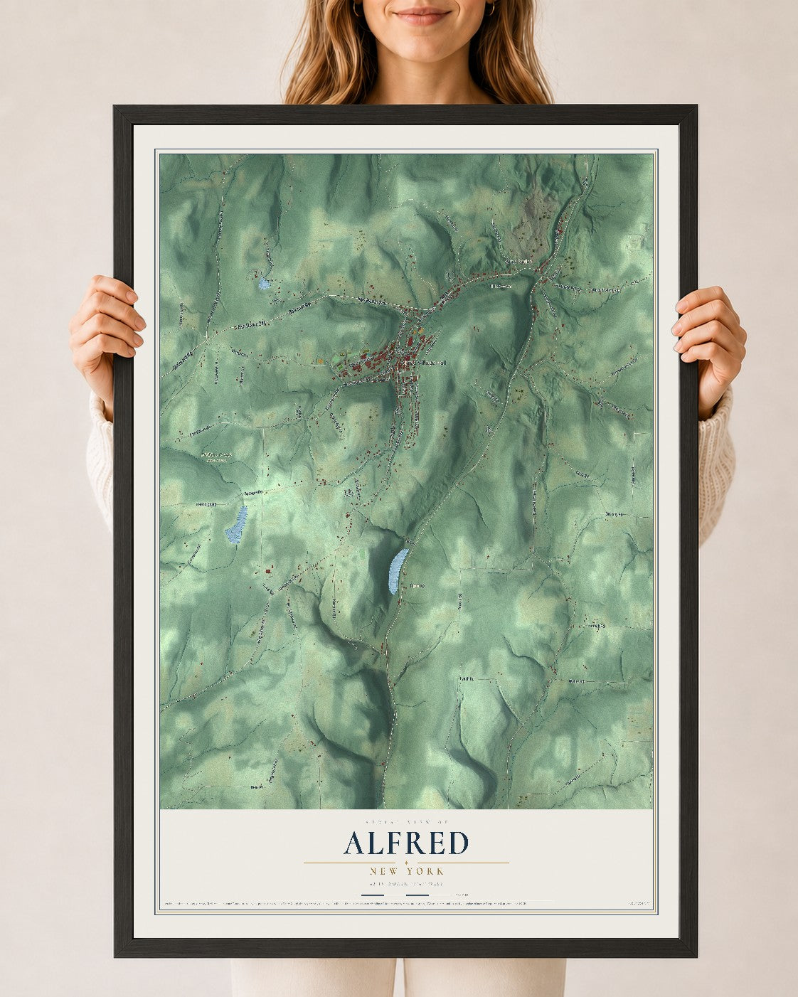 Alfred, New York map print, 24" x 36" W/ Black Ayous Wood Frame mockup