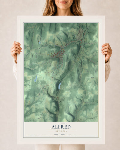 Alfred, New York map print, 24" x 36" W/ White Ayous Wood Frame mockup