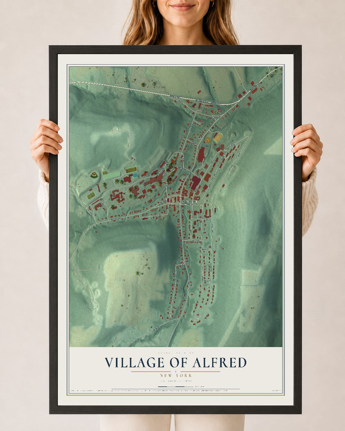 Alfred, New York map print, 24" x 36" W/ Black Ayous Wood Frame mockup