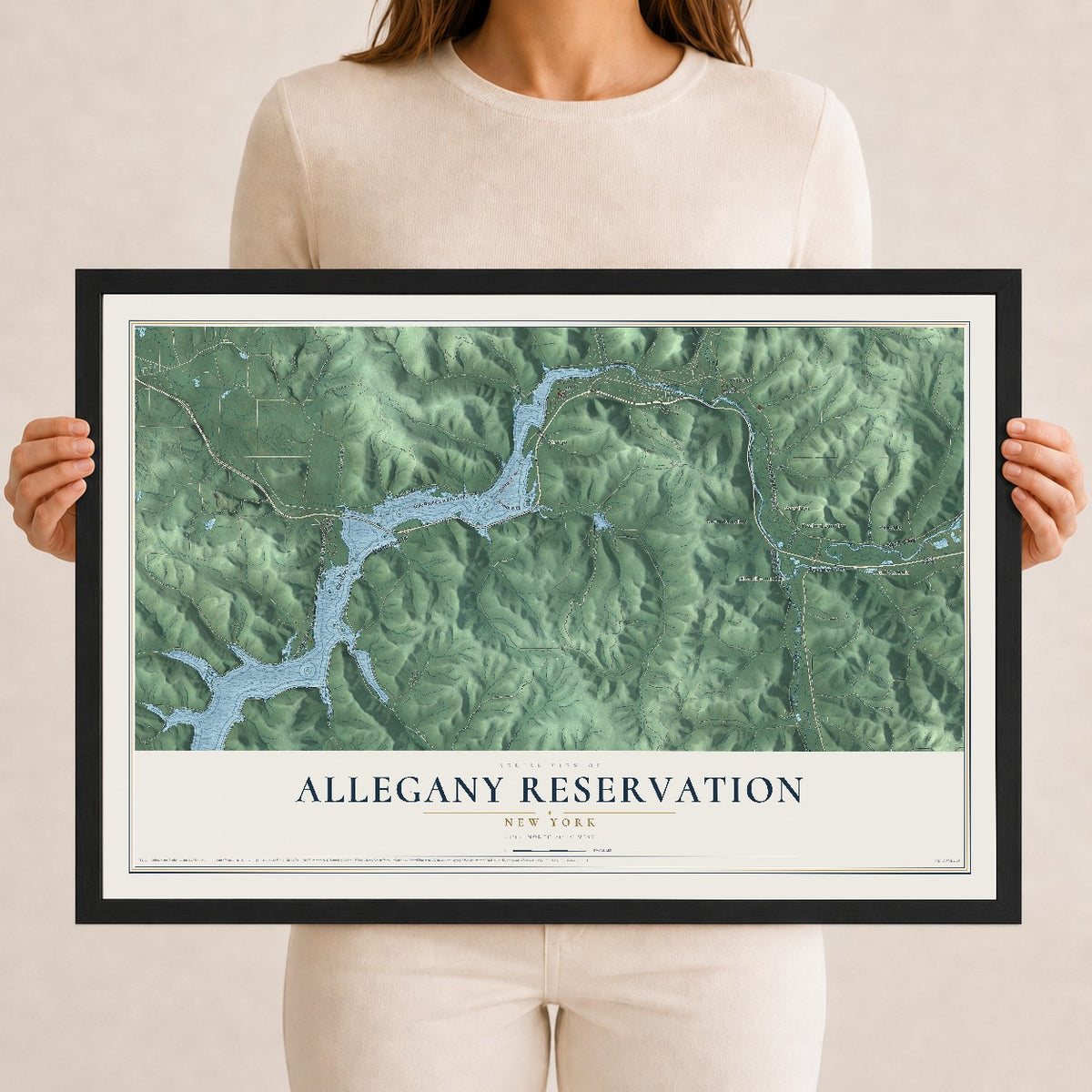 Allegany Reservation, New York map print, 12" x 18" W/ Black Ayous Wood Frame mockup