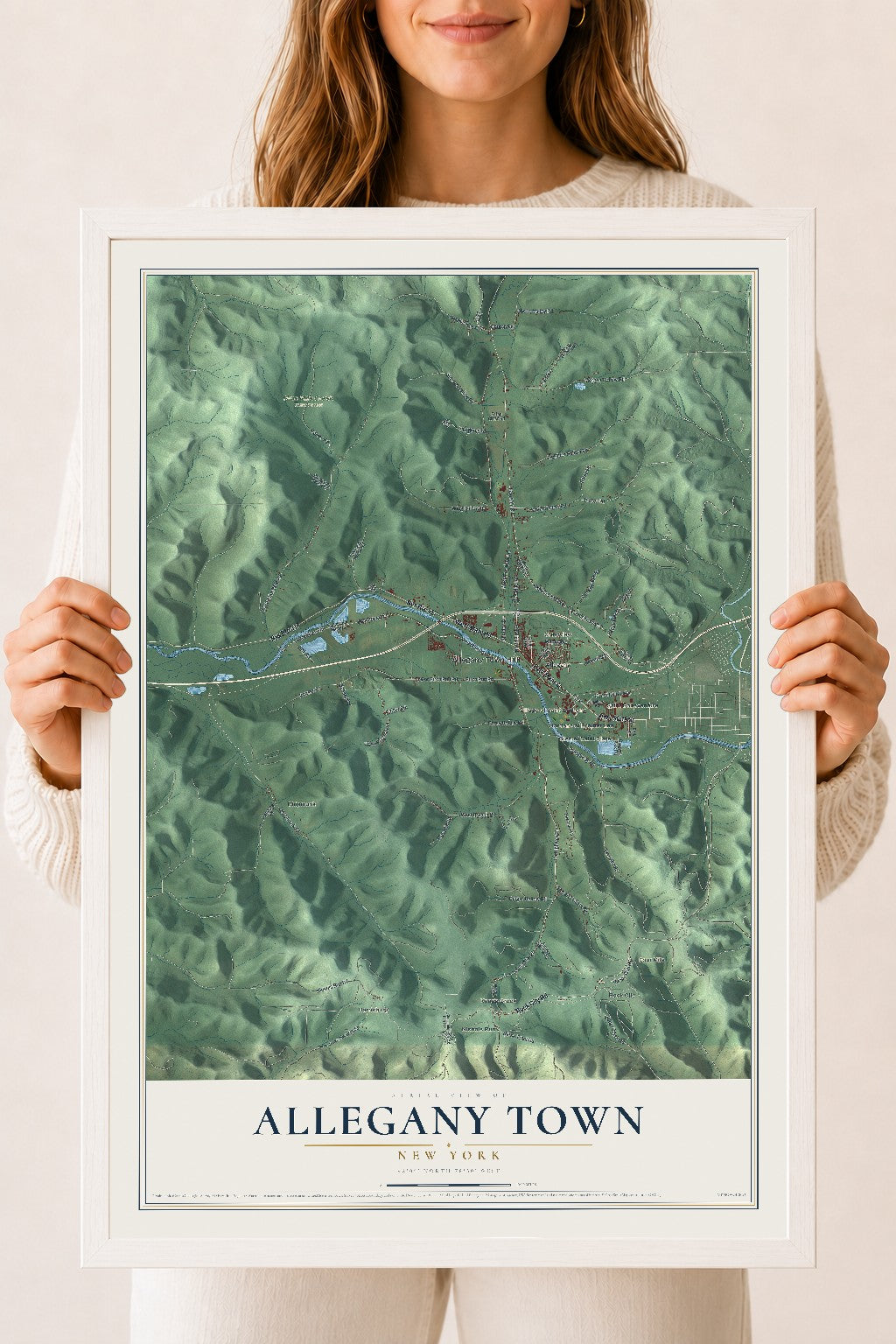 Allegany Town, New York map print, 18" x 24" W/ White Ayous Wood Frame mockup