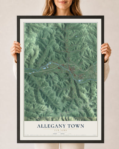 Allegany Town, New York map print, 24" x 36" W/ Black Ayous Wood Frame mockup