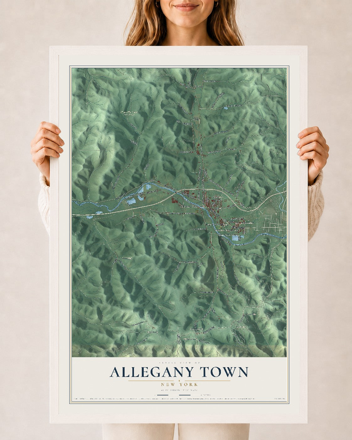 Allegany Town, New York map print, 24" x 36" W/ White Ayous Wood Frame mockup