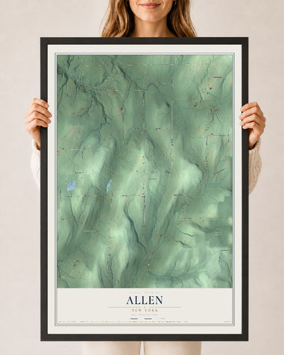 Allen, New York map print, 24" x 36" W/ Black Ayous Wood Frame mockup