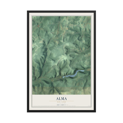 Alma, New York map print, 12" x 18" W/ Black Ayous Wood Frame mockup