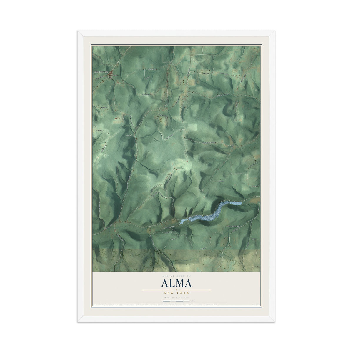 Alma, New York map print, 12" x 18" W/ White Ayous Wood Frame mockup