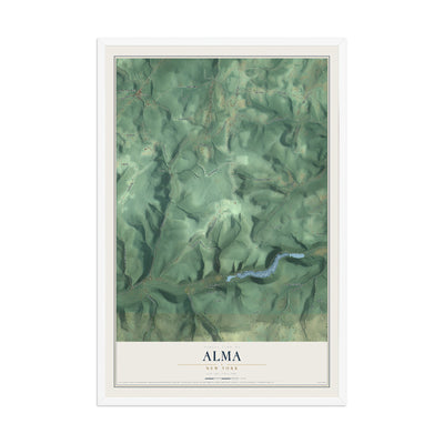 Alma, New York map print, 12" x 18" W/ White Ayous Wood Frame mockup