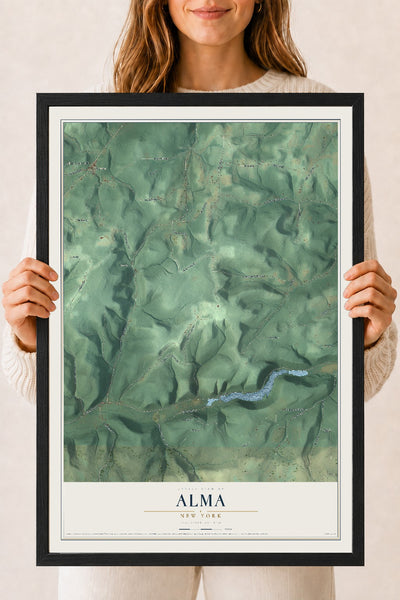 Alma, New York map print, 18" x 24" W/ Black Ayous Wood Frame mockup