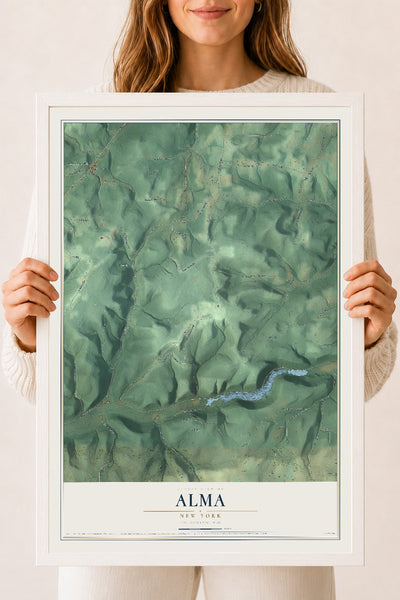 Alma, New York map print, 18" x 24" W/ White Ayous Wood Frame mockup