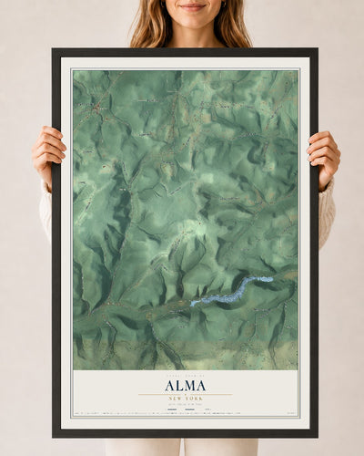 Alma, New York map print, 24" x 36" W/ Black Ayous Wood Frame mockup