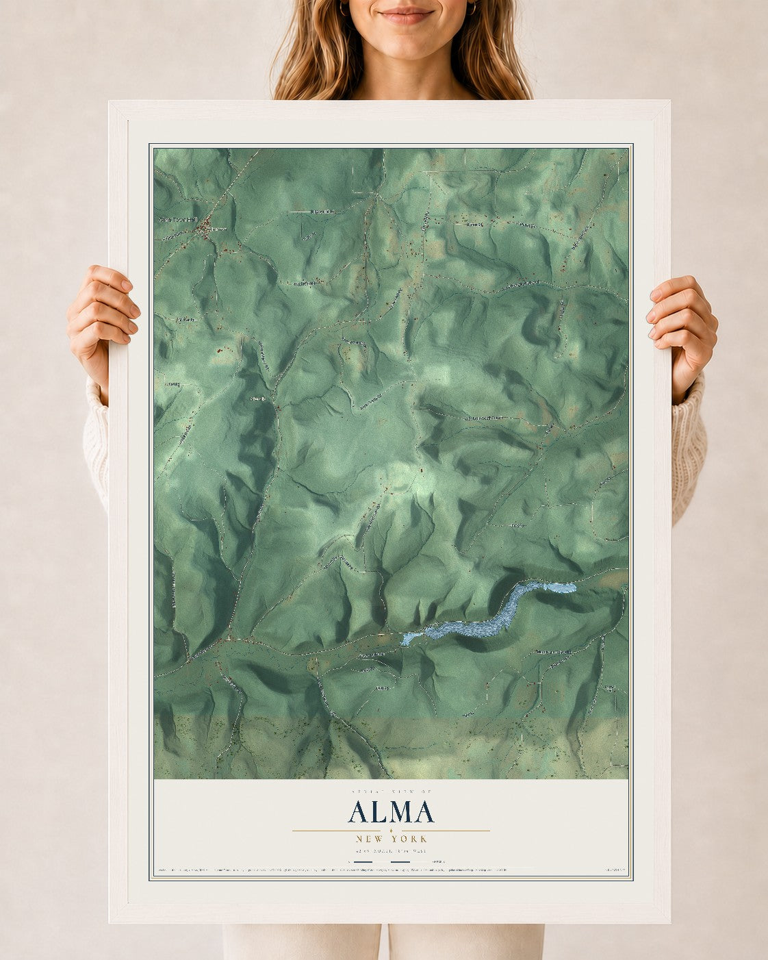 Alma, New York map print, 24" x 36" W/ White Ayous Wood Frame mockup