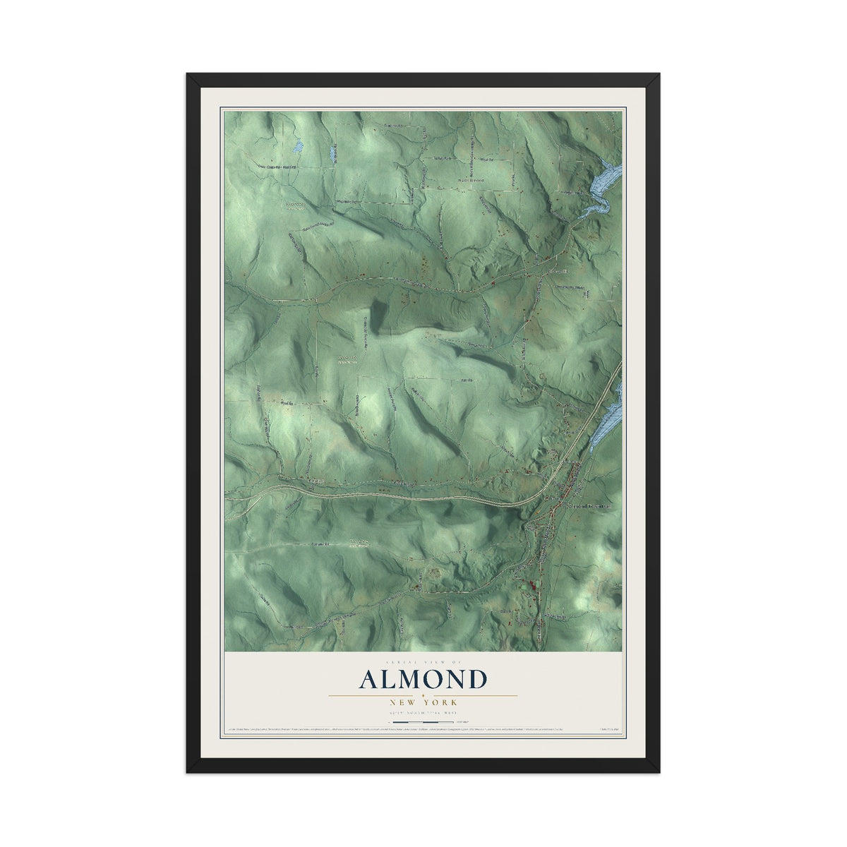 Almond, New York map print, 12" x 18" W/ Black Ayous Wood Frame mockup