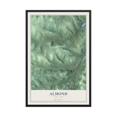 Almond, New York map print, 12" x 18" W/ Black Ayous Wood Frame mockup