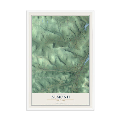 Almond, New York map print, 12" x 18" W/ White Ayous Wood Frame mockup