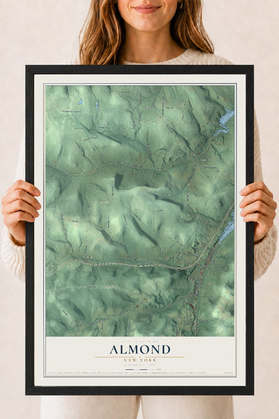 Almond, New York map print, 18" x 24" W/ Black Ayous Wood Frame mockup