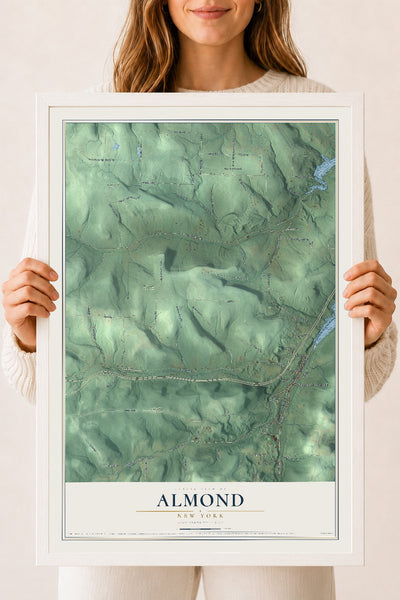 Almond, New York map print, 18" x 24" W/ White Ayous Wood Frame mockup