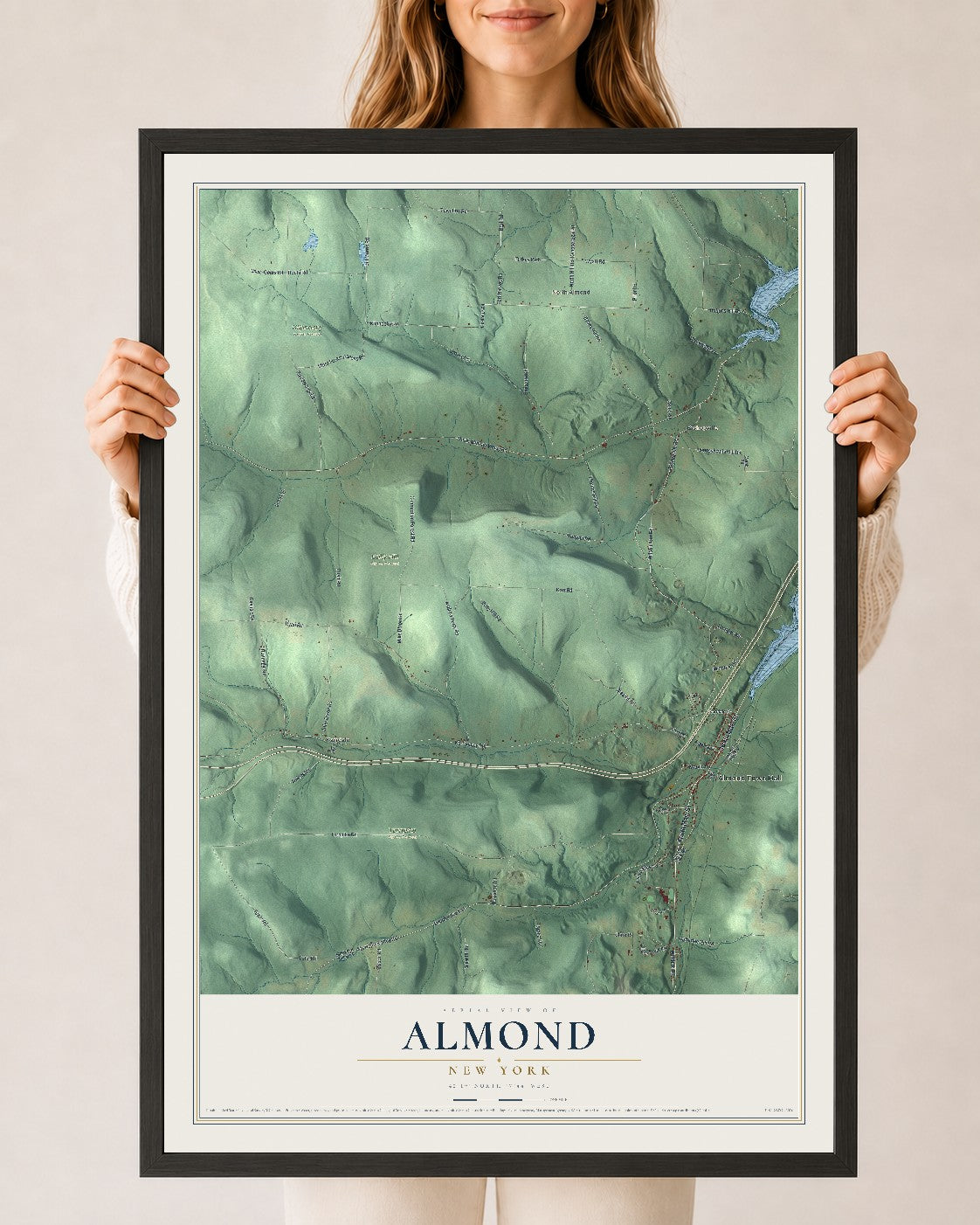 Almond, New York map print, 24" x 36" W/ Black Ayous Wood Frame mockup