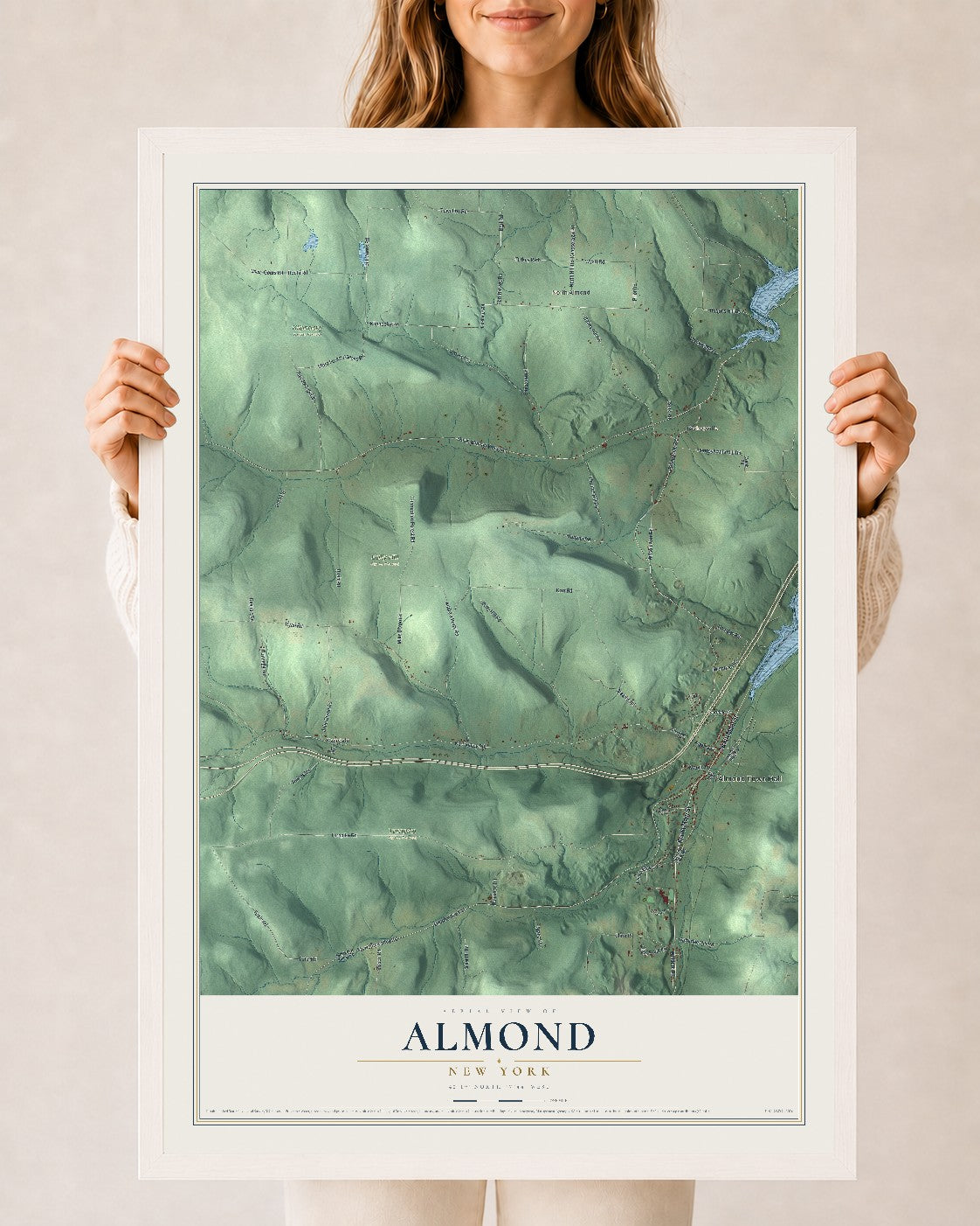Almond, New York map print, 24" x 36" W/ White Ayous Wood Frame mockup