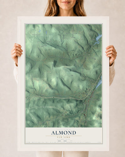 Almond, New York map print, 24" x 36" W/ White Ayous Wood Frame mockup